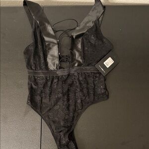 Fashion Nova Black Lace Satin-Trim Plunge Teddy